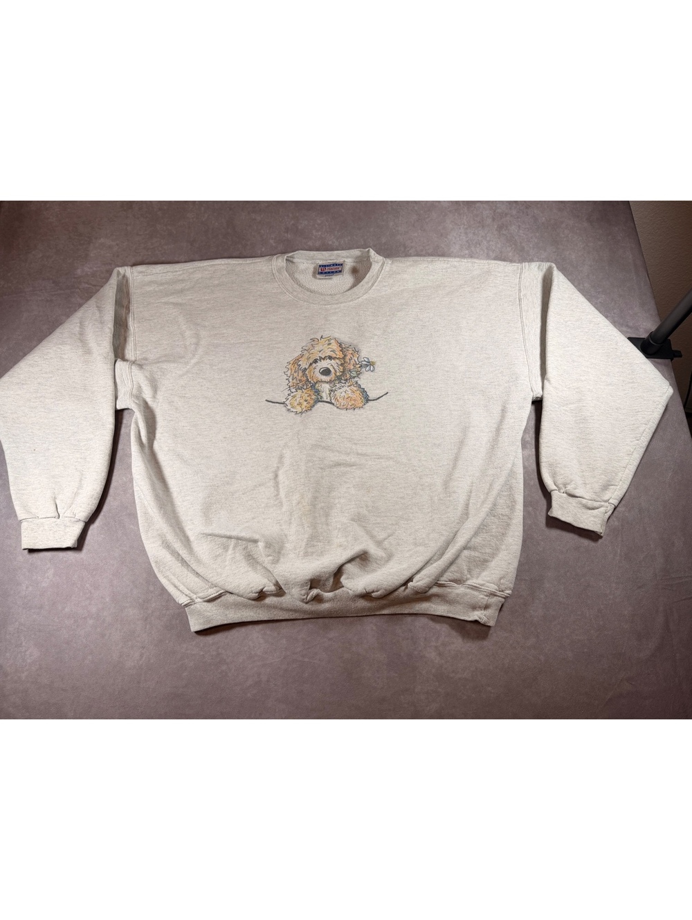 Hanes Ultimate Cotton Beige Sweatshirt with Cute Dog and Flower Print